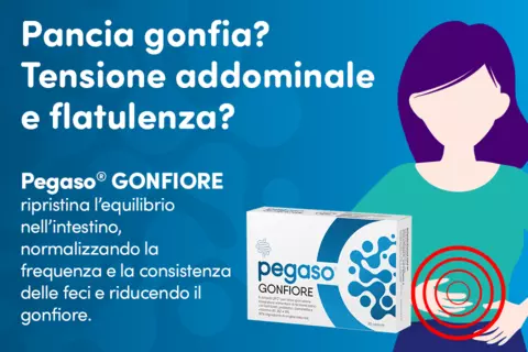 Immagine con pack prodotto e scritte: "Pancia gonfia? Tensione addominale e flatulenza? Pegaso® GONFIORE ripristina l’equilibrio nell’intestino, normalizzando la frequenza e la consistenza delle feci e riducendo il gonfiore. "
