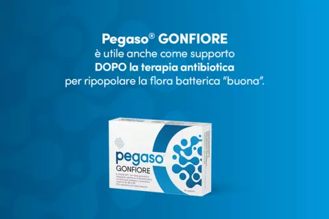Immagine con pack prodotto e testo: "Pegaso® GONFIORE è utile anche come supporto DOPO la terapia antibiotica, per ripopolare la flora batterica “buona”."