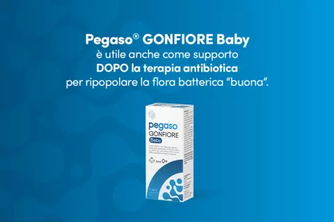 Immagine con pack prodotto e testo: "Pegaso® GONFIORE BABY è utile anche come supporto DOPO la terapia antibiotica, per ripopolare la flora batterica “buona”."