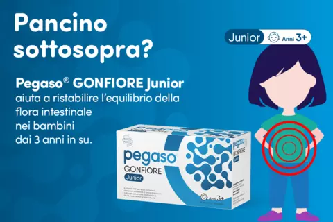 Immagine con pack prodotto e scritte: "Pancino sottosopra? Pegaso® GONFIORE JUNIOR aiuta a ristabilire l’equilibrio della flora intestinale nei bambini dai 3 anni in su."