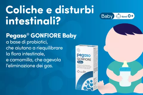 Immagine con pack prodotto e scritte: "Coliche e disturbi intestinali? Pegaso® GONFIORE BABY a base probiotici, che aiutano a riequilibrare la flora intestinale, e camomilla, che ad agevola l’eliminazione dei gas."