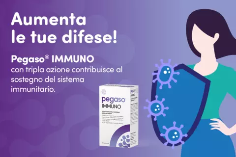 Immagine con pack prodotto e scritte: "Aumenta le tue difese! Pegaso® IMMUNO con tripla azione contribuisce al sostegno del sistema immunitario."