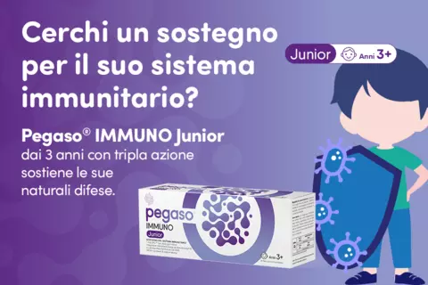 Immagine con pack prodotto e scritte: "Cerchi un sostegno per il suo sistema immunitario? Pegaso® IMMUNO Junior dai 3 anni con tripla azione sostiene le sue naturali difese."
