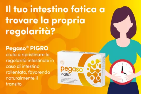 Immagine con pack prodotto e scritte: "Il tuo intestino fatica a trovare la propria regolarità? Pegaso® PIGRO aiuta a ripristinare la regolarità intestinale in caso di intestino rallentato, favorendo naturalmente il transito."