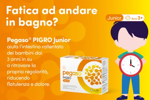 Immagine con pack prodotto e scritte: "Fatica ad andare in bagno? Pegaso® PIGRO JUNIOR aiuta l’intestino rallentato dei bambini dai 3 anni in su a ritrovare la propria regolarità, riducendo flatulenza e dolore."