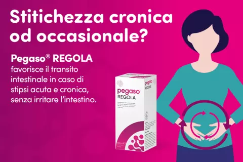 Immagine con pack prodotto e scritte: "Stitichezza cronica od occasionale? Pegaso® REGOLA favorisce il transito intestinale in caso di stipsi acuta e cronica, senza irritare l’intestino."