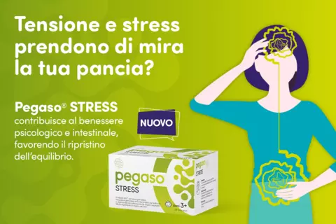 Immagine con scritta: "Tensione e stress prendono di mira la tua pancia? Prova pegaso STRESS" e accanto una figura di donna che si tocca testa e pancia in tensione